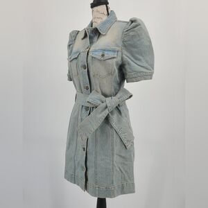 Retrofete Organic Cotton Light Wash Denim Shirt Dress with Self Tie Belt